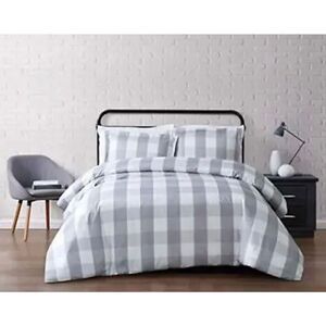 King Duvet Sham Set Buffalo Plaid Collection Grey